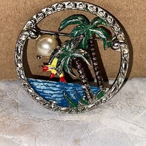 Rare Vintage Moonglow Deco Enamel Brooch With Palm Tree Beach And Bird Scene
